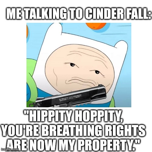 Assassin Finn | ME TALKING TO CINDER FALL:; "HIPPITY HOPPITY, YOU'RE BREATHING RIGHTS ARE NOW MY PROPERTY." | image tagged in rwby,adventure time | made w/ Imgflip meme maker