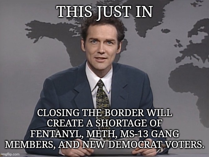 Exactly what America needs. | THIS JUST IN; CLOSING THE BORDER WILL CREATE A SHORTAGE OF FENTANYL, METH, MS-13 GANG MEMBERS, AND NEW DEMOCRAT VOTERS. | image tagged in norm mcdonald | made w/ Imgflip meme maker