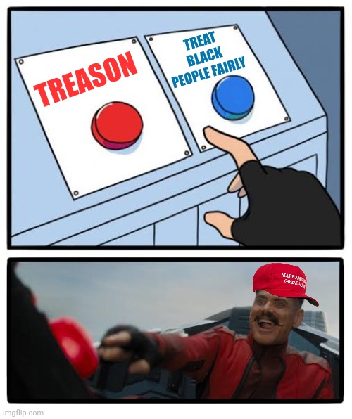 Red and blue button | TREASON TREAT BLACK PEOPLE FAIRLY | image tagged in red and blue button | made w/ Imgflip meme maker