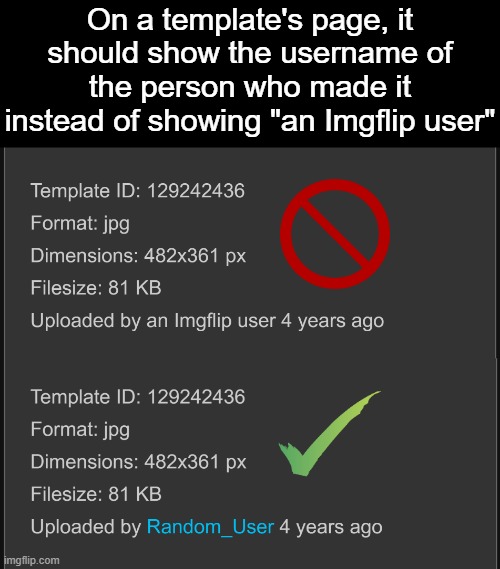 On a template's page, it should show the username of the person who made it instead of showing "an Imgflip user" | image tagged in ideas,templates,imgflip,credit | made w/ Imgflip meme maker