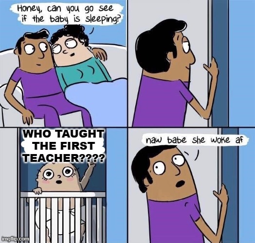 WHO DID IT?????? | WHO TAUGHT THE FIRST TEACHER???? | image tagged in woke | made w/ Imgflip meme maker
