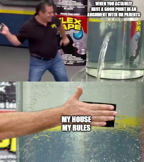 Flex Tape | WHEN YOU ACTAULLY HAVE A GOOD POINT IN AN ARGUMENT WITH UR PARENTS; MY HOUSE MY RULES | image tagged in flex tape | made w/ Imgflip meme maker