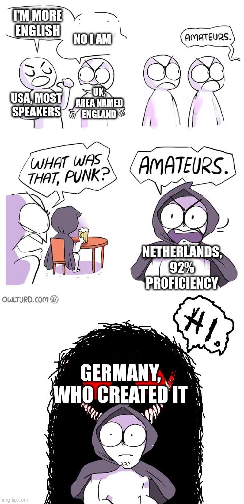 english arguement :D | I'M MORE ENGLISH; NO I AM; UK, AREA NAMED ENGLAND; USA, MOST SPEAKERS; NETHERLANDS, 92% PROFICIENCY; GERMANY, WHO CREATED IT | image tagged in amateurs 3 0 | made w/ Imgflip meme maker
