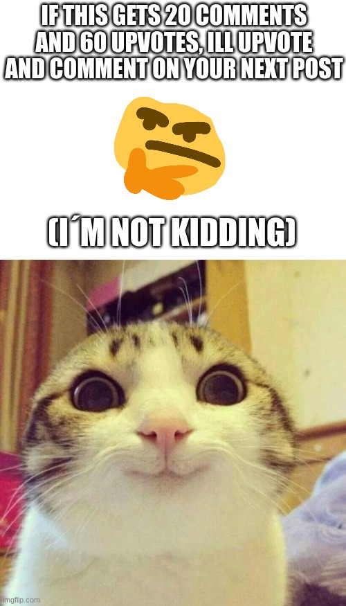 I know yall can do it! | IF THIS GETS 2O COMMENTS AND 60 UPVOTES, ILL UPVOTE AND COMMENT ON YOUR NEXT POST; (I´M NOT KIDDING) | image tagged in blank white template,memes,smiling cat | made w/ Imgflip meme maker