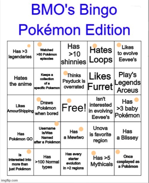 BMO's Pokémon Bingo | image tagged in bmo's pok mon bingo | made w/ Imgflip meme maker