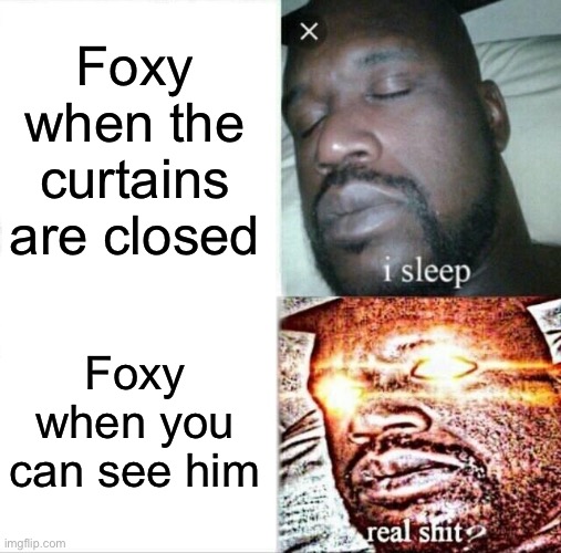 He doesn’t like you looking at his animatronic epidermis | Foxy when the curtains are closed; Foxy when you can see him | image tagged in memes,sleeping shaq,fnaf,foxy | made w/ Imgflip meme maker
