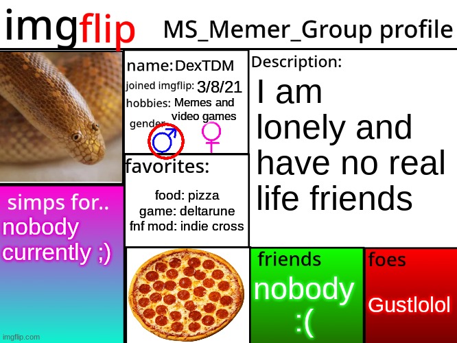 MSMG Profile | DexTDM; I am lonely and have no real life friends; 3/8/21; Memes and
video games; food: pizza
game: deltarune
fnf mod: indie cross; nobody currently ;); Gustlolol; nobody
:( | image tagged in distracted boyfriend,grant gustin over grave,pizza,profile picture,favorites,madness combat | made w/ Imgflip meme maker