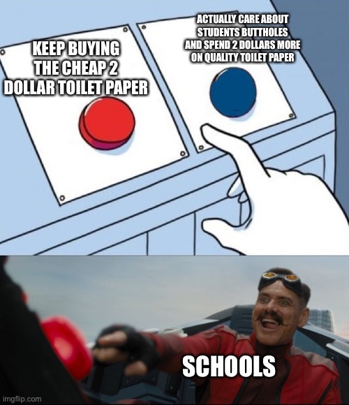 2 dollars is a lot of money I guess | ACTUALLY CARE ABOUT STUDENTS BUTTHOLES AND SPEND 2 DOLLARS MORE ON QUALITY TOILET PAPER; KEEP BUYING THE CHEAP 2 DOLLAR TOILET PAPER; SCHOOLS | image tagged in funny meme,jim carrey,two buttons | made w/ Imgflip meme maker