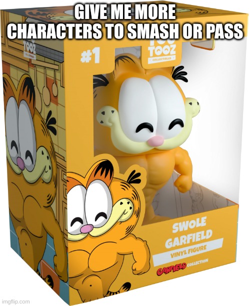 Buff garfield youtooz | GIVE ME MORE CHARACTERS TO SMASH OR PASS | image tagged in buff garfield youtooz | made w/ Imgflip meme maker