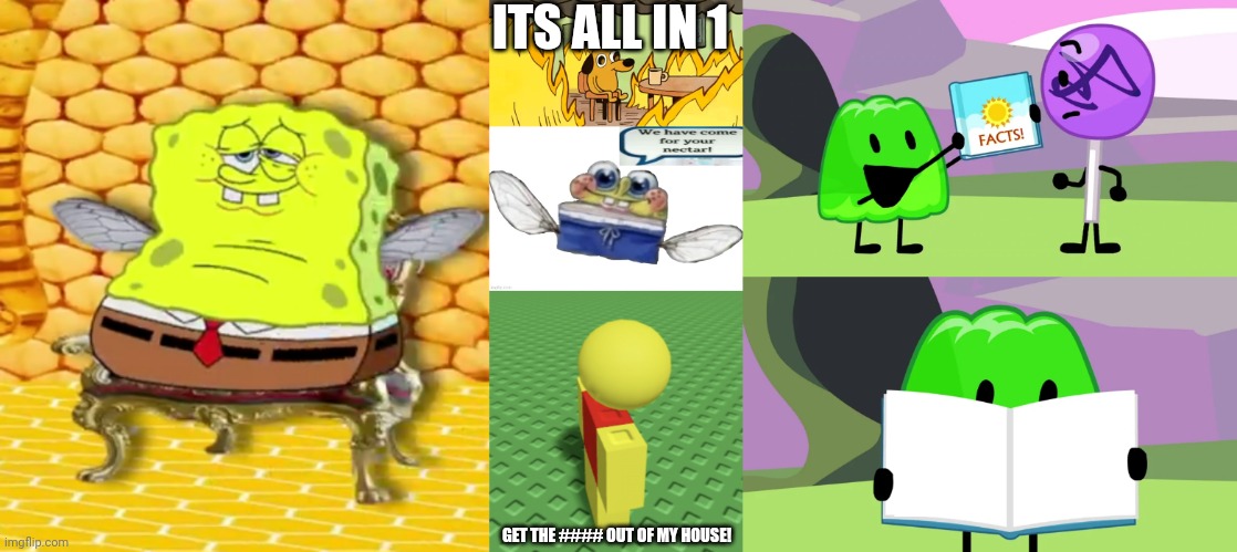 ITS ALL IN 1; GET THE #### OUT OF MY HOUSE! | image tagged in emperor spongefly,dog on fire,spongebob nectar,dynablocks character,gelatin's book of facts | made w/ Imgflip meme maker