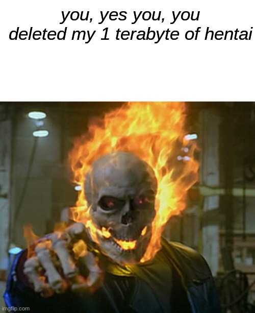 made in comment | you, yes you, you deleted my 1 terabyte of hentai | image tagged in blank white template,ghost rider,memes,shitpost,oh wow are you actually reading these tags,msmg | made w/ Imgflip meme maker