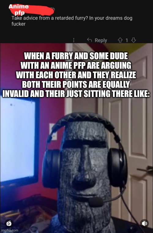 The top image isn’t mine | WHEN A FURRY AND SOME DUDE WITH AN ANIME PFP ARE ARGUING WITH EACH OTHER AND THEY REALIZE BOTH THEIR POINTS ARE EQUALLY INVALID AND THEIR JUST SITTING THERE LIKE: | made w/ Imgflip meme maker