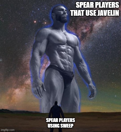new world spear bois | SPEAR PLAYERS THAT USE JAVELIN; SPEAR PLAYERS USING SWEEP | image tagged in gigachad vs smol boi | made w/ Imgflip meme maker