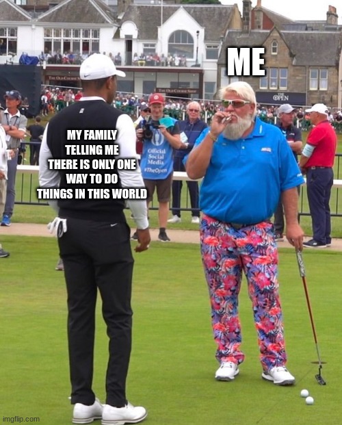 duh |  ME; MY FAMILY TELLING ME THERE IS ONLY ONE WAY TO DO THINGS IN THIS WORLD | image tagged in tiger woods | made w/ Imgflip meme maker