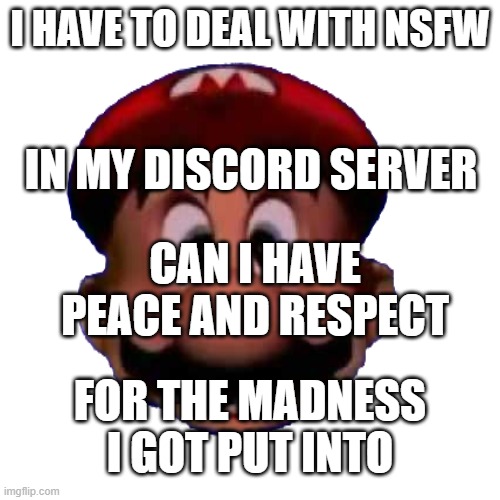 send respects pls ;-; | I HAVE TO DEAL WITH NSFW; IN MY DISCORD SERVER; CAN I HAVE PEACE AND RESPECT; FOR THE MADNESS I GOT PUT INTO | image tagged in mario head | made w/ Imgflip meme maker