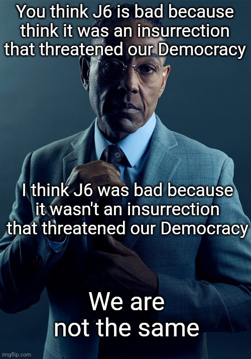 Gus Fring we are not the same | You think J6 is bad because think it was an insurrection that threatened our Democracy; I think J6 was bad because it wasn't an insurrection that threatened our Democracy; We are not the same | image tagged in gus fring we are not the same | made w/ Imgflip meme maker