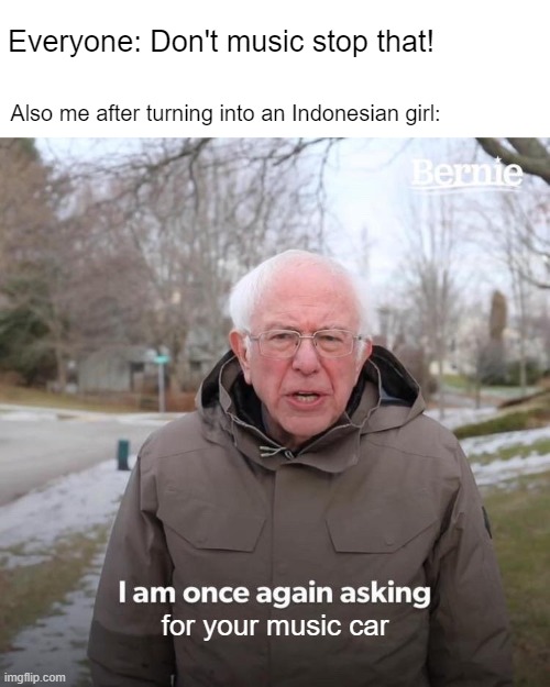 Do you wanna some music movie? | Everyone: Don't music stop that! Also me after turning into an Indonesian girl:; for your music car | image tagged in memes,bernie i am once again asking for your support | made w/ Imgflip meme maker