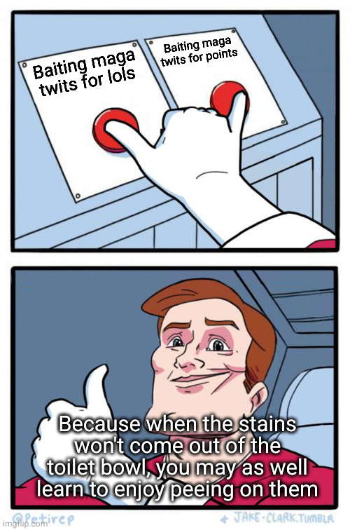 Both Buttons Pressed | Baiting maga twits for points; Baiting maga twits for lols; Because when the stains won't come out of the toilet bowl, you may as well learn to enjoy peeing on them | image tagged in both buttons pressed | made w/ Imgflip meme maker