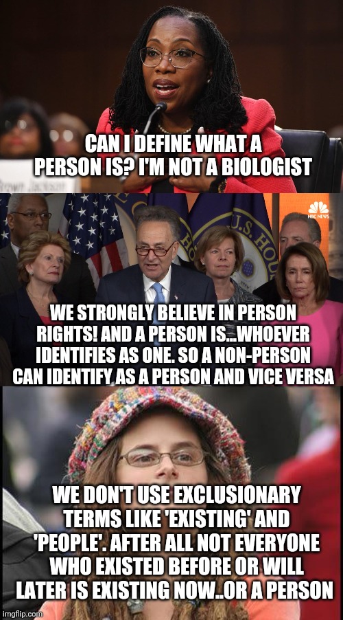 CAN I DEFINE WHAT A PERSON IS? I'M NOT A BIOLOGIST WE STRONGLY BELIEVE IN PERSON RIGHTS! AND A PERSON IS...WHOEVER IDENTIFIES AS ONE. SO A N | image tagged in ketanji brown jackson,democrat congressmen,hippie | made w/ Imgflip meme maker