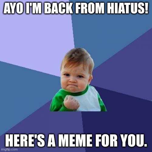 I'm back | AYO I'M BACK FROM HIATUS! HERE'S A MEME FOR YOU. | image tagged in memes,success kid,im back | made w/ Imgflip meme maker