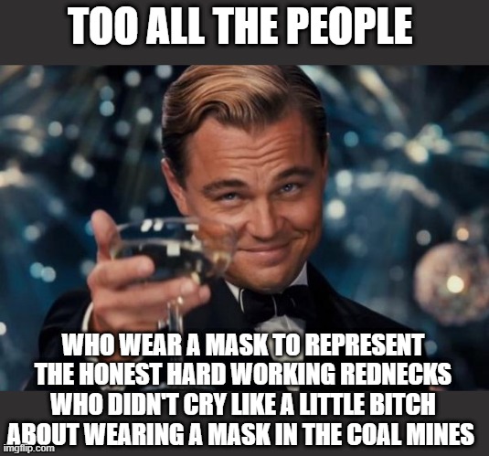 Leonardo Dicaprio Cheers | TOO ALL THE PEOPLE; WHO WEAR A MASK TO REPRESENT THE HONEST HARD WORKING REDNECKS WHO DIDN'T CRY LIKE A LITTLE BITCH ABOUT WEARING A MASK IN THE COAL MINES | image tagged in memes,leonardo dicaprio cheers | made w/ Imgflip meme maker