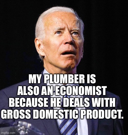 Joe Biden | MY PLUMBER IS ALSO AN ECONOMIST BECAUSE HE DEALS WITH GROSS DOMESTIC PRODUCT. | image tagged in joe biden | made w/ Imgflip meme maker