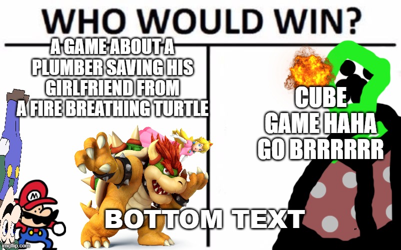 BLOCKY BLOCK BLOCK |  A GAME ABOUT A PLUMBER SAVING HIS GIRLFRIEND FROM A FIRE BREATHING TURTLE; CUBE GAME HAHA GO BRRRRRR; BOTTOM TEXT | image tagged in memes,mario,minecraft,nintendo,microsoft,mojang | made w/ Imgflip meme maker