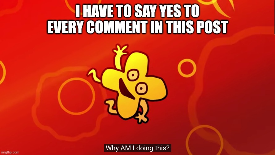 if i say no it means yes | I HAVE TO SAY YES TO EVERY COMMENT IN THIS POST | image tagged in why am i doing this x bfb | made w/ Imgflip meme maker
