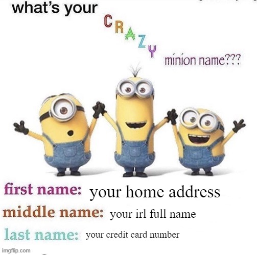 what's your crazy minion name | your home address; your irl full name; your credit card number | image tagged in what's your crazy minion name | made w/ Imgflip meme maker