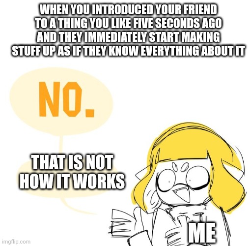 My friend is really into roleplay and he always starts making stuff up no matter the subject | WHEN YOU INTRODUCED YOUR FRIEND TO A THING YOU LIKE FIVE SECONDS AGO AND THEY IMMEDIATELY START MAKING STUFF UP AS IF THEY KNOW EVERYTHING ABOUT IT; THAT IS NOT HOW IT WORKS; ME | image tagged in blank white template,no | made w/ Imgflip meme maker