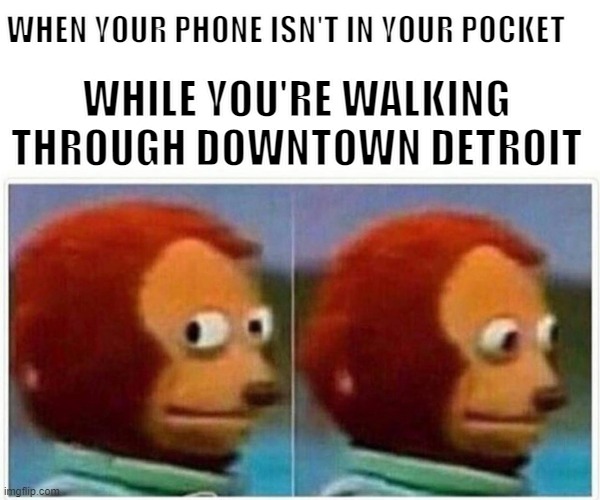 Monkey Puppet | WHEN YOUR PHONE ISN'T IN YOUR POCKET; WHILE YOU'RE WALKING THROUGH DOWNTOWN DETROIT | image tagged in memes,monkey puppet | made w/ Imgflip meme maker