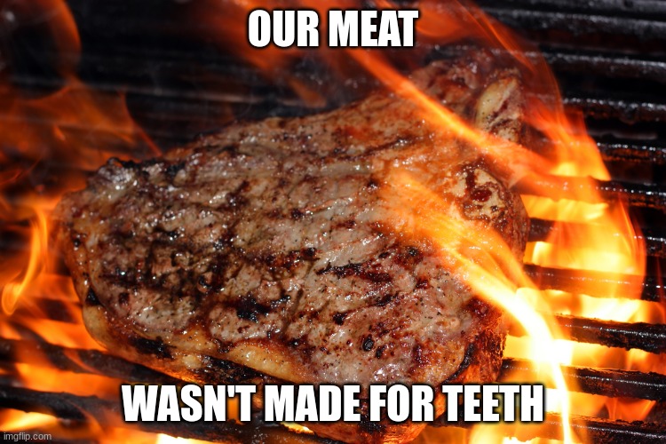 steak | OUR MEAT WASN'T MADE FOR TEETH | image tagged in steak | made w/ Imgflip meme maker