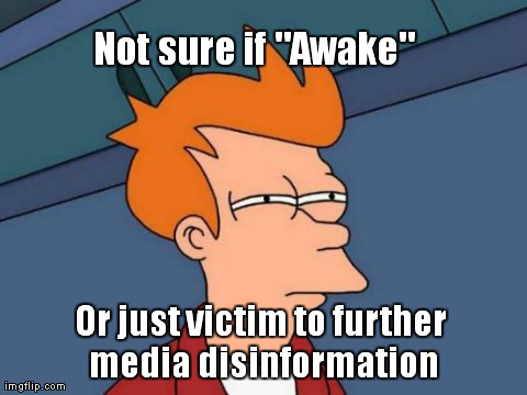 Futurama Fry Meme | Not sure if "Awake" Or just victim to further media disinformation | image tagged in memes,futurama fry | made w/ Imgflip meme maker
