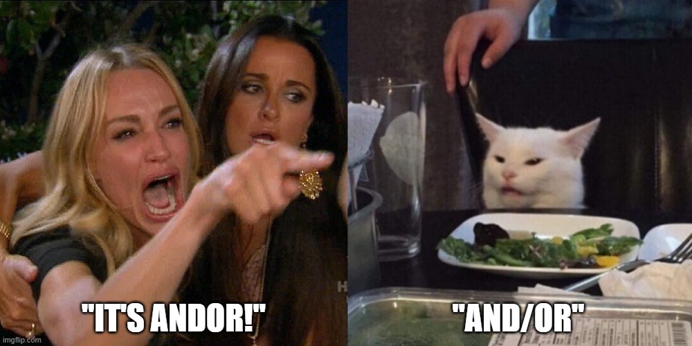 Outta line, but I"m right. | "IT'S ANDOR!"; "AND/OR" | image tagged in woman yelling at cat,star wars,andor,wordplay | made w/ Imgflip meme maker