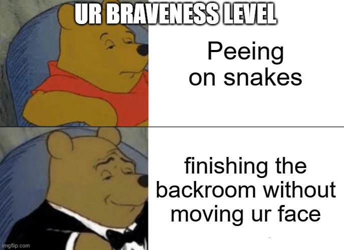 Tuxedo Winnie The Pooh | UR BRAVENESS LEVEL; Peeing on snakes; finishing the backroom without moving ur face | image tagged in memes,tuxedo winnie the pooh | made w/ Imgflip meme maker