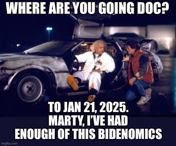 Take me with you! | WHERE ARE YOU GOING DOC? TO JAN 21, 2025. MARTY, I’VE HAD ENOUGH OF THIS BIDENOMICS | image tagged in back to the future,jan 21 2025,bidenomics | made w/ Imgflip meme maker