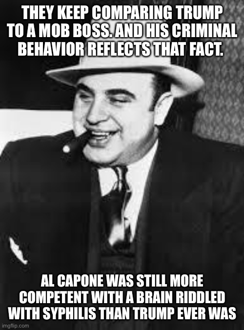 al capone | THEY KEEP COMPARING TRUMP TO A MOB BOSS. AND HIS CRIMINAL BEHAVIOR REFLECTS THAT FACT. AL CAPONE WAS STILL MORE COMPETENT WITH A BRAIN RIDDLED WITH SYPHILIS THAN TRUMP EVER WAS | image tagged in al capone | made w/ Imgflip meme maker