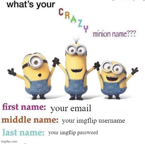 what's your crazy minion name | your email; your imgflip username; your imgflip password | image tagged in what's your crazy minion name | made w/ Imgflip meme maker