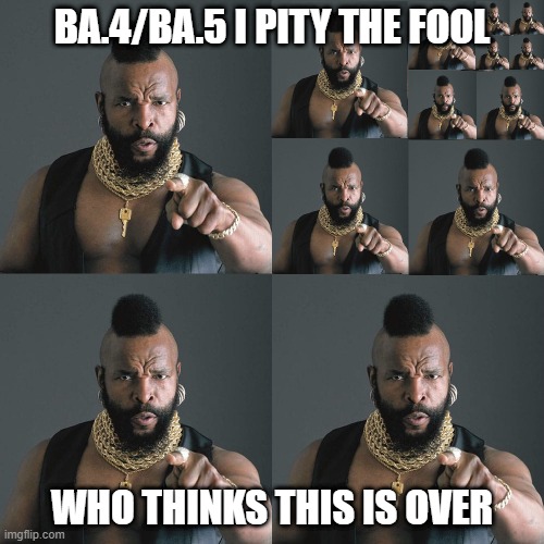 I Pity The Recursion | BA.4/BA.5 I PITY THE FOOL; WHO THINKS THIS IS OVER | image tagged in covid,covid-19,mr t,mr t pity the fool | made w/ Imgflip meme maker