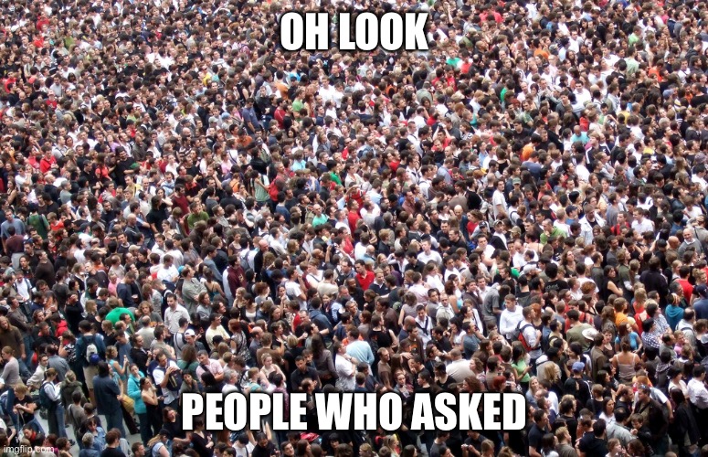 crowd of people | OH LOOK; PEOPLE WHO ASKED | image tagged in crowd of people | made w/ Imgflip meme maker