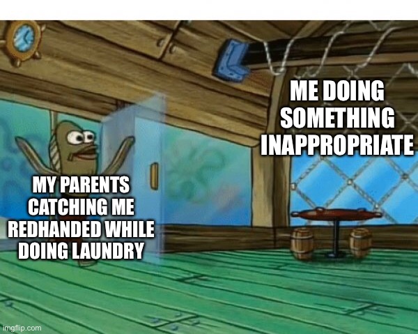 The truth | ME DOING SOMETHING INAPPROPRIATE; MY PARENTS CATCHING ME REDHANDED WHILE DOING LAUNDRY | image tagged in spongebob fish | made w/ Imgflip meme maker