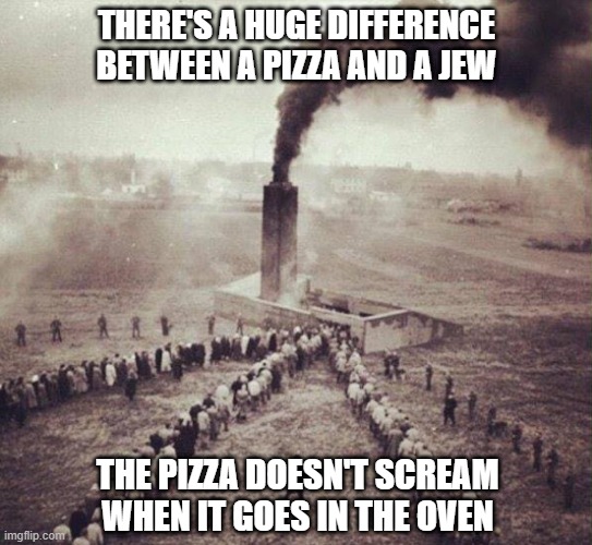 Bake | THERE'S A HUGE DIFFERENCE BETWEEN A PIZZA AND A JEW; THE PIZZA DOESN'T SCREAM WHEN IT GOES IN THE OVEN | image tagged in holocaust | made w/ Imgflip meme maker