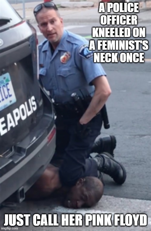 Another Knee on the Neck | A POLICE OFFICER KNEELED ON A FEMINIST'S NECK ONCE; JUST CALL HER PINK FLOYD | image tagged in george floyd | made w/ Imgflip meme maker