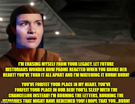 Padme You're breaking my heart | I'M ERASING MYSELF FROM YOUR LEGACY. LET FUTURE HISTORIANS WONDER HOW PADME REACTED WHEN YOU BROKE HER HEART! YOU'VE TORN IT ALL APART AND I'M WATCHING IT BURN! BURN! YOU'VE FORFEIT YOUR PLACE IN MY HEART. YOU'VE FORFEIT YOUR PLACE IN OUR BED! YOU'LL SLEEP WITH THE CHANCELLOR INSTEAD! I'M BURNING THE LETTERS, BURNING THE MEMORIES THAT MIGHT HAVE REDEEMED YOU! I HOPE THAT YOU...BURN! | image tagged in padme you're breaking my heart | made w/ Imgflip meme maker