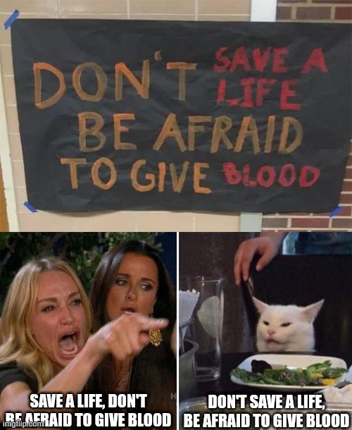 To save a life, or to not save a life | SAVE A LIFE, DON'T BE AFRAID TO GIVE BLOOD; DON'T SAVE A LIFE, BE AFRAID TO GIVE BLOOD | image tagged in angry lady cat,memes,funny signs,stupid signs | made w/ Imgflip meme maker