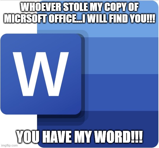 Thief | WHOEVER STOLE MY COPY OF MICRSOFT OFFICE...I WILL FIND YOU!!! YOU HAVE MY WORD!!! | image tagged in microsoft word | made w/ Imgflip meme maker