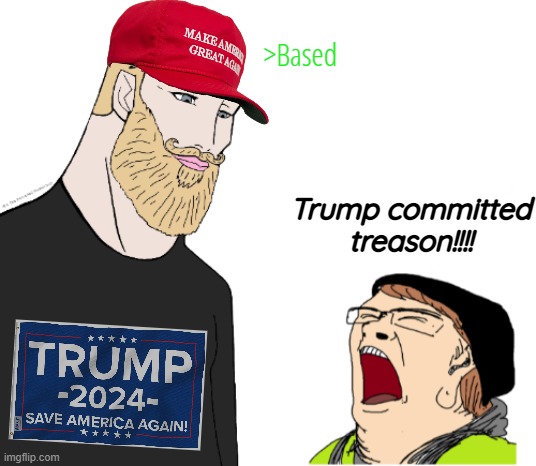 >Based; Trump committed treason!!!! | image tagged in soyboy vs yes chad,screaming liberal,chad,maga,donald trump,greentext | made w/ Imgflip meme maker