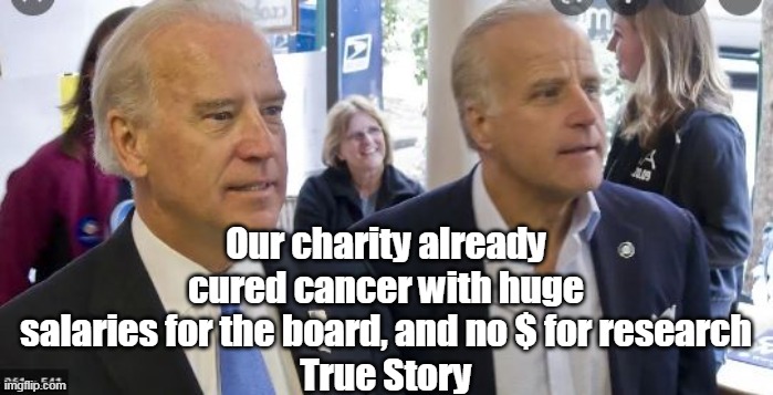 Our charity already cured cancer with huge salaries for the board, and no $ for research
True Story | made w/ Imgflip meme maker