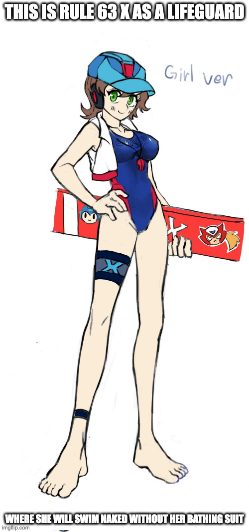 Genderbend X as a Lifeguard | THIS IS RULE 63 X AS A LIFEGUARD; WHERE SHE WILL SWIM NAKED WITHOUT HER BATHING SUIT | image tagged in megaman,megaman x,rule 63,genderbend,x,memes | made w/ Imgflip meme maker