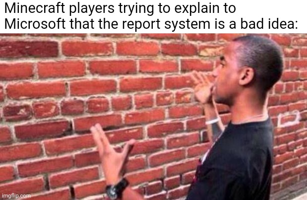 title. | Minecraft players trying to explain to Microsoft that the report system is a bad idea: | image tagged in brick wall,memes,microsoft,minecraft | made w/ Imgflip meme maker